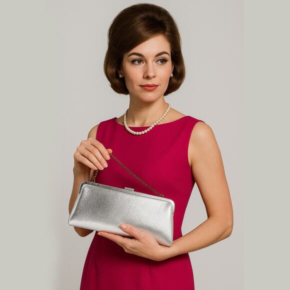 Vintage 60s Silver Evening Clutch Purse 12" Shimmery Metallic w Chain - Hey Viv - Picture 3 of 6